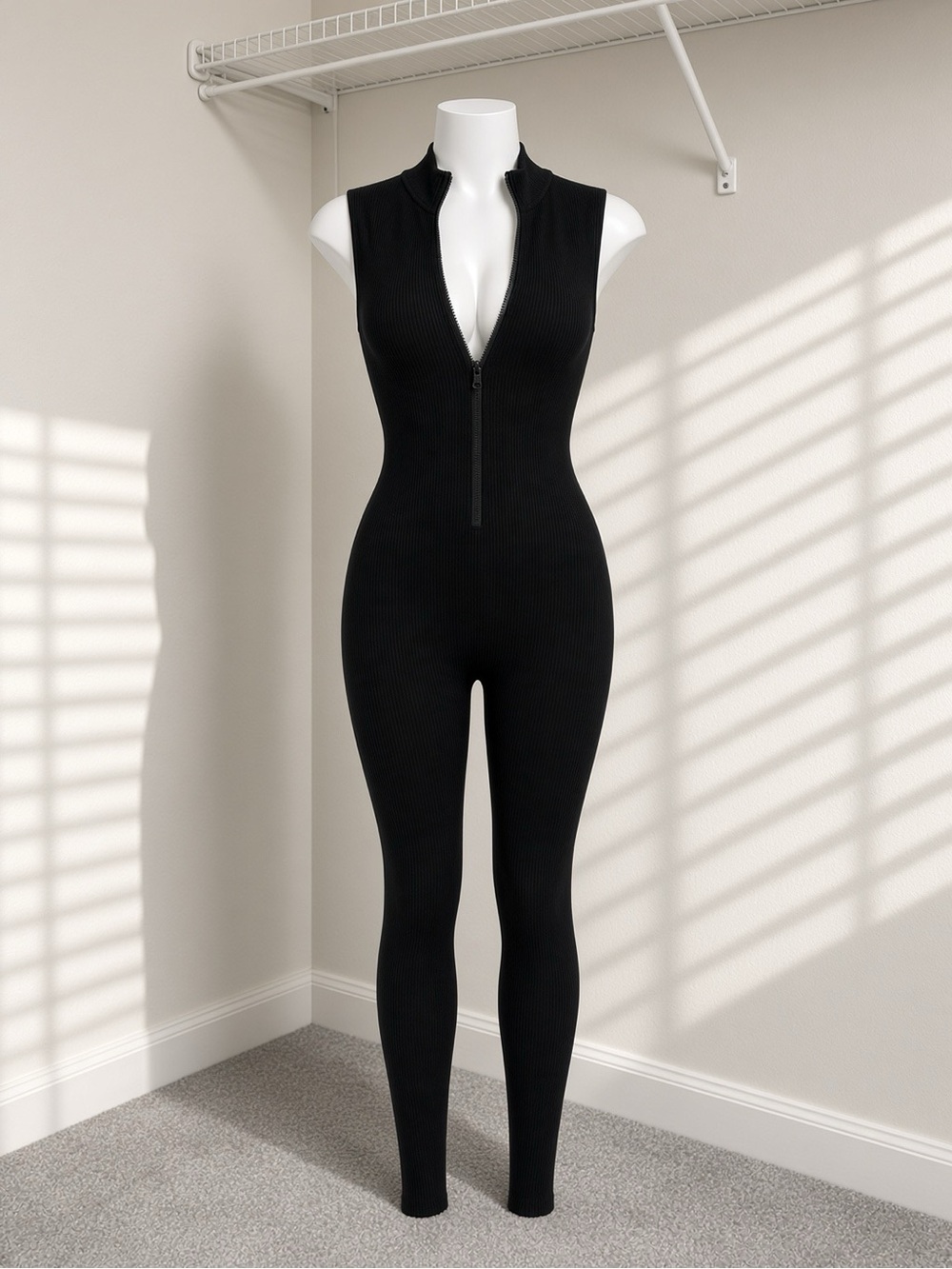 Sleeveless Black Ribbed Zip-Front Jumpsuit